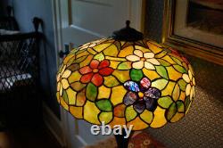 Antique Leaded Glass Lamp Pink Orange Blue Floral 24H X 18W Handel Whaley Era