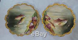 Antique Limoges Fish Set Hand Painted & Signed By Artist Service For 12