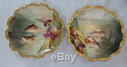 Antique Limoges Fish Set Hand Painted & Signed By Artist Service For 12