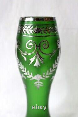 Antique Loetz Art Nouveau emerald green iridescent silver overlay vase 1900-1920