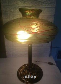 Antique Loetz Bohemian Green Threaded Art Glass Table Lamp Nouveau Brass Base