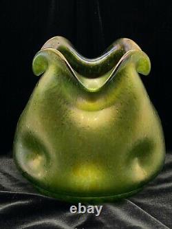 Antique Loetz Diana Cisele Iridescent Green Art Glass Dimpled Vase