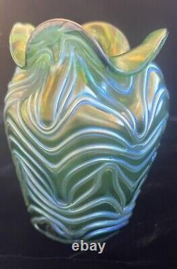 Antique Loetz Formosa Creta Green Aqua Threaded Art Glass Vase