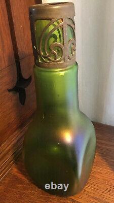 Antique Loetz Glass Vase Green Stretch Metal Art Nouveau Overlay 7 Iiridescent