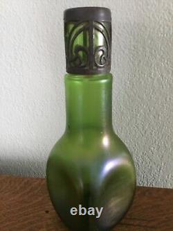 Antique Loetz Glass Vase Green Stretch Metal Art Nouveau Overlay 7 Iiridescent