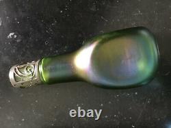 Antique Loetz Glass Vase Green Stretch Metal Art Nouveau Overlay 7 Iiridescent