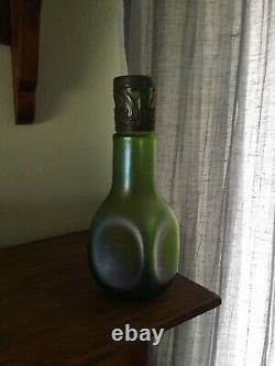 Antique Loetz Glass Vase Green Stretch Metal Art Nouveau Overlay 7 Iiridescent