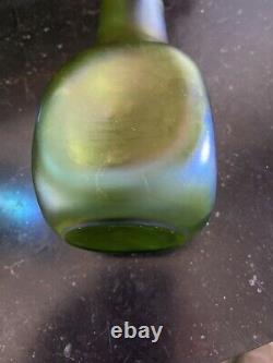 Antique Loetz Glass Vase Green Stretch Metal Art Nouveau Overlay 7 Iiridescent