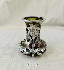 Antique Loetz Iridescent Green Purple Silver Overlay Bohemian Glass Vase