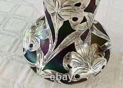 Antique Loetz Iridescent Green Purple Silver Overlay Bohemian Glass Vase