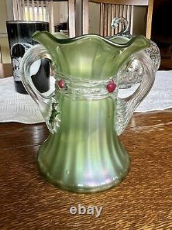 Antique Loetz Iridescent green art glass vase, Signed, Applied Handles & Prunts