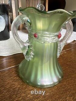 Antique Loetz Iridescent green art glass vase, Signed, Applied Handles & Prunts