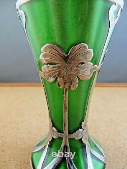 Antique Loetz Metallin Art Nouveau Deco Green Glass Vase Sterling Silver Overlay