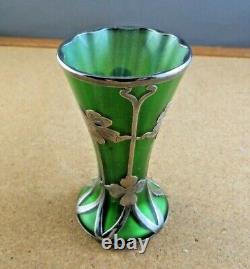 Antique Loetz Metallin Art Nouveau Deco Green Glass Vase Sterling Silver Overlay