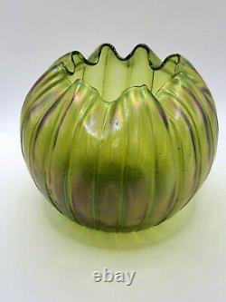 Antique Loetz Rindskopf Art Nouveau Rose Bowl Green Iridescent Ribbed Glass Vase