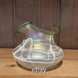 Antique Loetz Threaded Pearlescent & Green Art Nouveau Iridescent Glass Vase