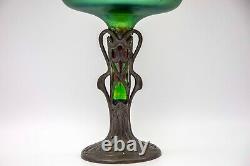 Antique Loetz c. 1905 Jugendstil Art Nou. Iridescent Glass vase Pewter base 8