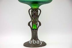 Antique Loetz c. 1905 Jugendstil Art Nou. Iridescent Glass vase Pewter base c. 8