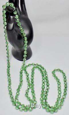 Antique Long Deco Hand Knotted Faceted Green Czech Art Glass Flapper Necklace
