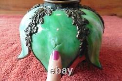 Antique Lotus Bent Slag Stained Glass Curved Mauve Green Lamp Shade Globe bronze