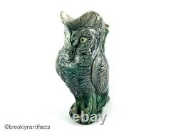 Antique Majolica Art Pottery Owl Pitcher, Green Glaze 1800s