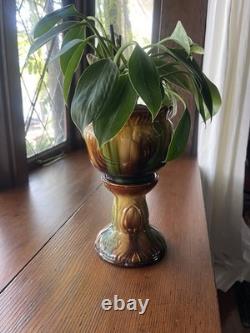 Antique Majolica Pedestal Jardinière Vase Art Nouveau Brown Green Yellow Glaze