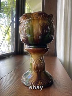 Antique Majolica Pedestal Jardinière Vase Art Nouveau Brown Green Yellow Glaze