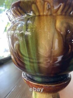 Antique Majolica Pedestal Jardinière Vase Art Nouveau Brown Green Yellow Glaze