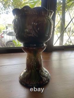 Antique Majolica Pedestal Jardinière Vase Art Nouveau Brown Green Yellow Glaze