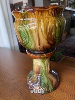 Antique Majolica Pedestal Jardinière Vase Art Nouveau Brown Green Yellow Glaze