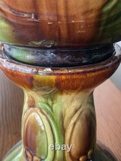 Antique Majolica Pedestal Jardinière Vase Art Nouveau Brown Green Yellow Glaze