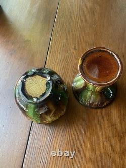Antique Majolica Pedestal Jardinière Vase Art Nouveau Brown Green Yellow Glaze