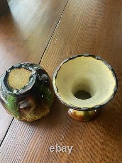 Antique Majolica Pedestal Jardinière Vase Art Nouveau Brown Green Yellow Glaze
