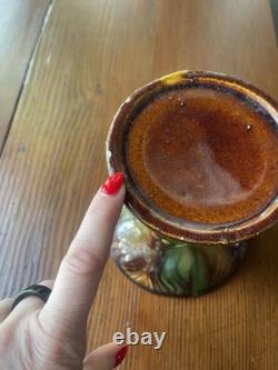 Antique Majolica Pedestal Jardinière Vase Art Nouveau Brown Green Yellow Glaze