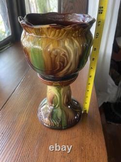 Antique Majolica Pedestal Jardinière Vase Art Nouveau Brown Green Yellow Glaze