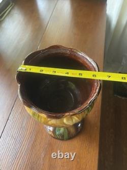 Antique Majolica Pedestal Jardinière Vase Art Nouveau Brown Green Yellow Glaze