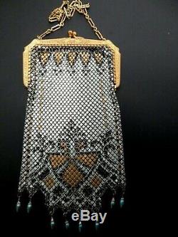 Antique Mandalian Mfg. Co. Art Nouveau Deco Bronze Green Gold Tone Mesh Purse