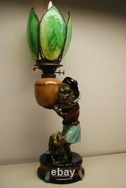 Antique Minton Majolica Porcelain Nouveau Monkey Oil Lamp Whimsical Slag Glass