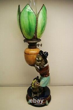 Antique Minton Majolica Porcelain Nouveau Monkey Oil Lamp Whimsical Slag Glass