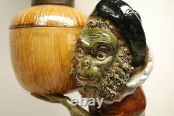 Antique Minton Majolica Porcelain Nouveau Monkey Oil Lamp Whimsical Slag Glass