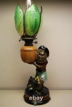 Antique Minton Majolica Porcelain Nouveau Monkey Oil Lamp Whimsical Slag Glass
