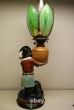 Antique Minton Majolica Porcelain Nouveau Monkey Oil Lamp Whimsical Slag Glass