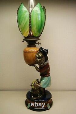 Antique Minton Majolica Porcelain Nouveau Monkey Oil Lamp Whimsical Slag Glass