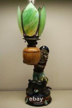 Antique Minton Majolica Porcelain Nouveau Monkey Oil Lamp Whimsical Slag Glass