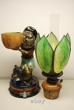 Antique Minton Majolica Porcelain Nouveau Monkey Oil Lamp Whimsical Slag Glass