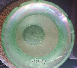 Antique Mont Joye French Art Glass Nouveau Chipped Ice Frosted Floral Green Vase