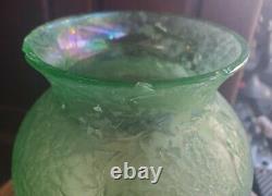 Antique Mont Joye French Art Glass Nouveau Chipped Ice Frosted Floral Green Vase