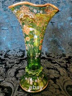 Antique Moser 1887-95 Gorgeous Green 22K Gold gilded & Enameled Flowers, Leaves