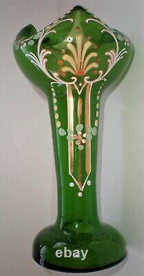Antique Moser Bohemian Art Nouveau Green Enamelled Vase 55