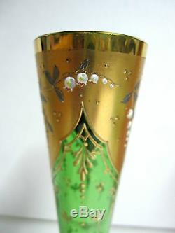 Antique Moser Ornate Emerald Green Czech Glass Gold Gilt Enamel Trumpet Vase